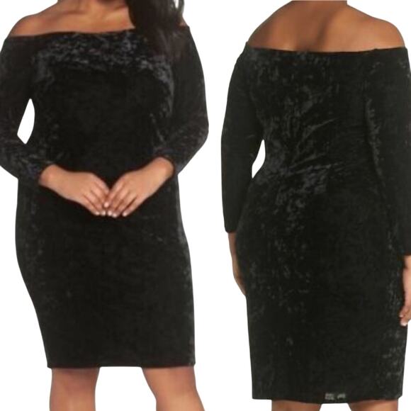 Eliza J Velvet Mini Dress Off Shoulder Bodycon Sheath Black NEW Plus Womens 24W - Picture 1 of 9